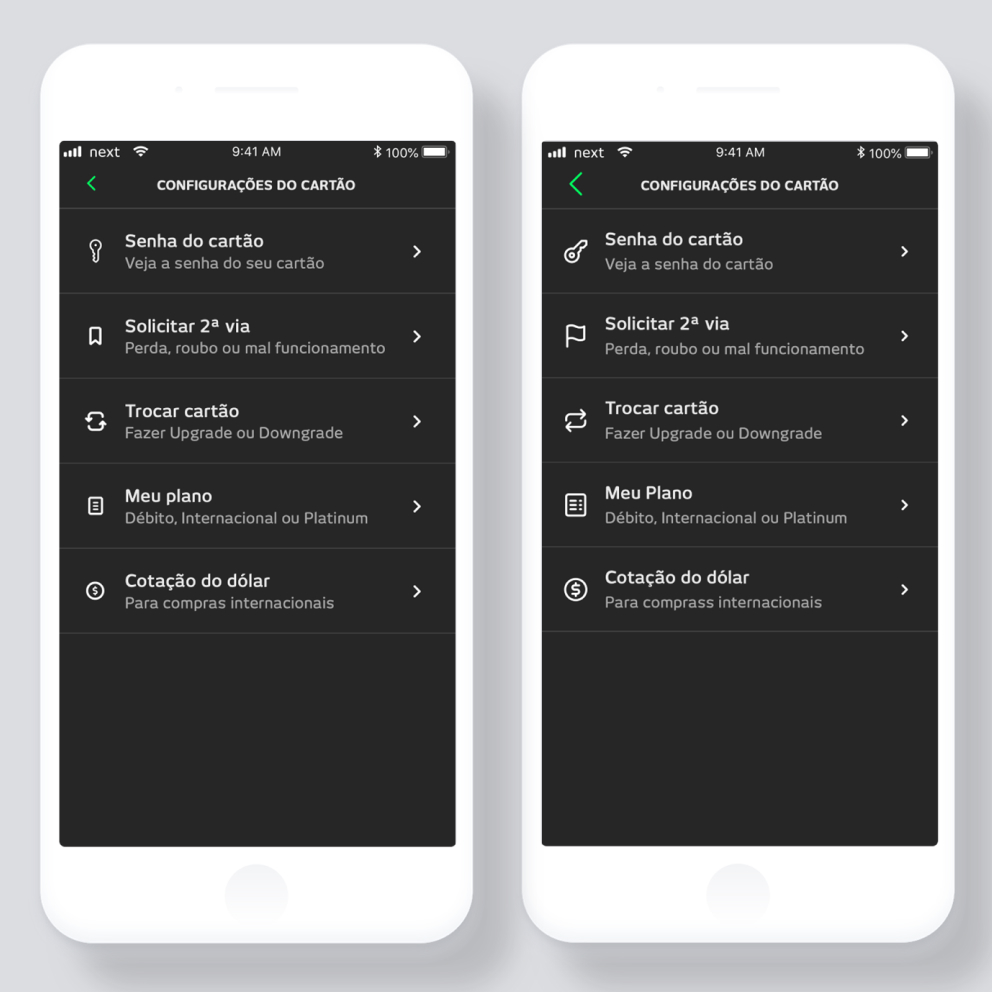 Antes e depois da aplicação dos novos system ícones do Next
